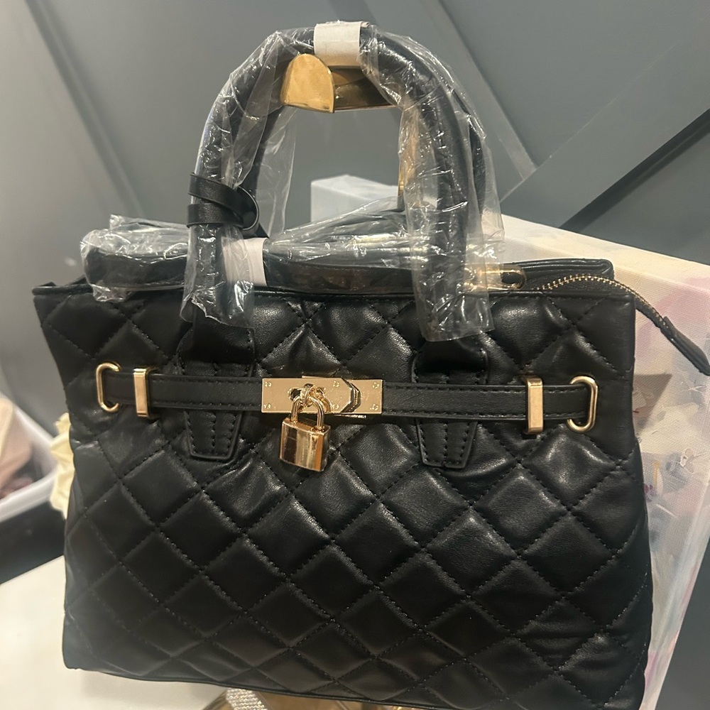 Badgley Mischka Quilted Top-Handle Satchel with Gold Hardware w/Lock & Key
